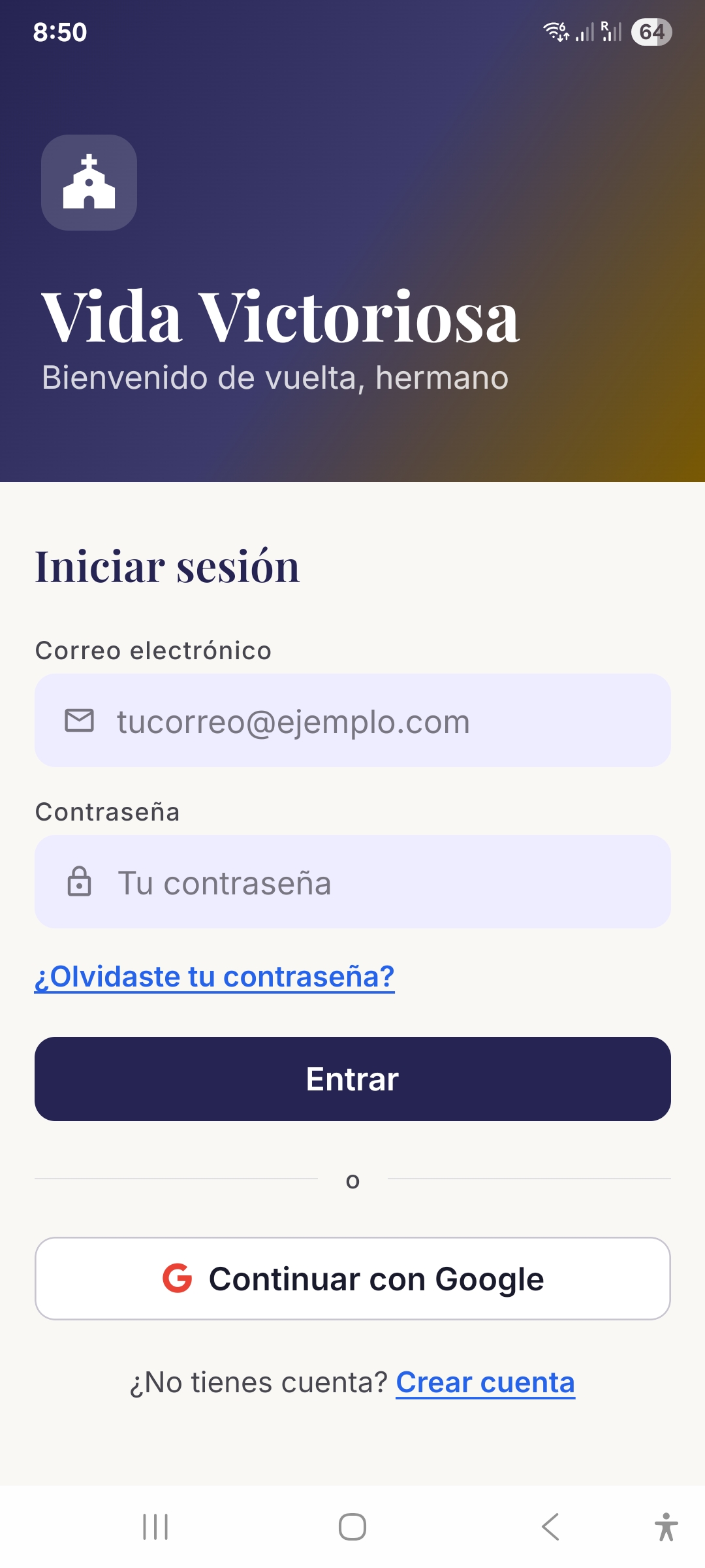 Vida Victoriosa — pantalla de inicio de sesión